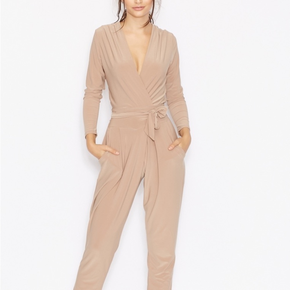 Never Fully Dressed Waist Belt Long Sleeve Jumpsuit Beige S/M